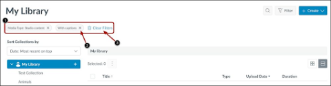 On the My Library page, each filter that's been applied appears as a label directly under the My Library heading. A Clear Filters link appears to the right of the label(s).